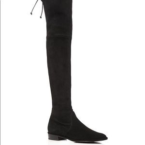 Black suede high knee boot with tie at top